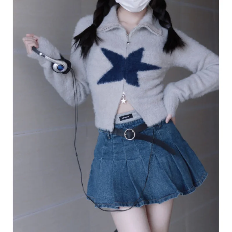 

Y2k Grey Star Crop Sweater Cardigan Women Harajuku Vintage Kpop Streetwear Slim Zip Up Knit Top Female Korean Fashion