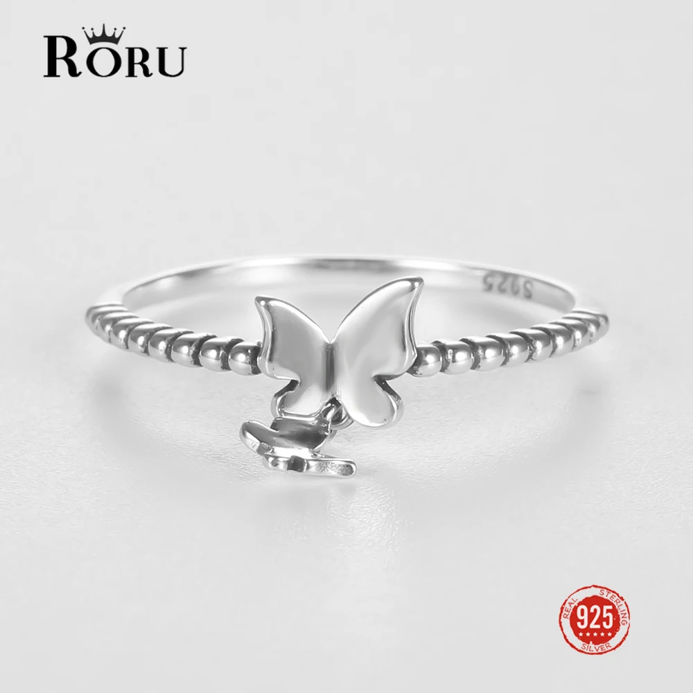 RORU 925 Silver 100% Sweet Butterfly Pendant Finger Ring for Women Female Fine Jewelry 2022 New Style Party Engagement Gifts