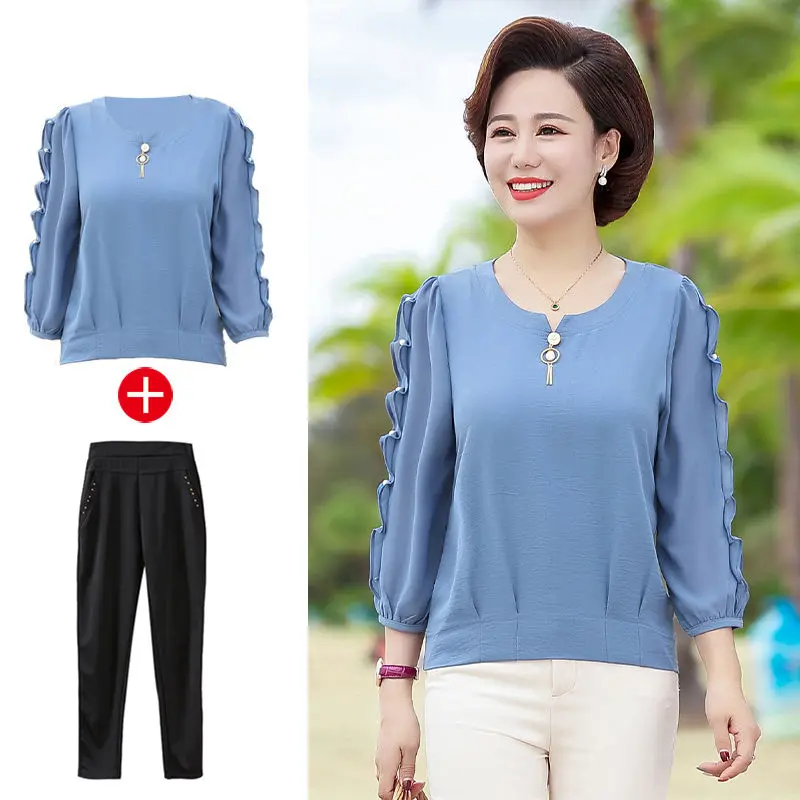 

Spring Fashion Pants Two Piece Set Women Outfits Elegant Long Sleeve Blouse + Pant Suits Casual Clothing Ensemble Femme E289