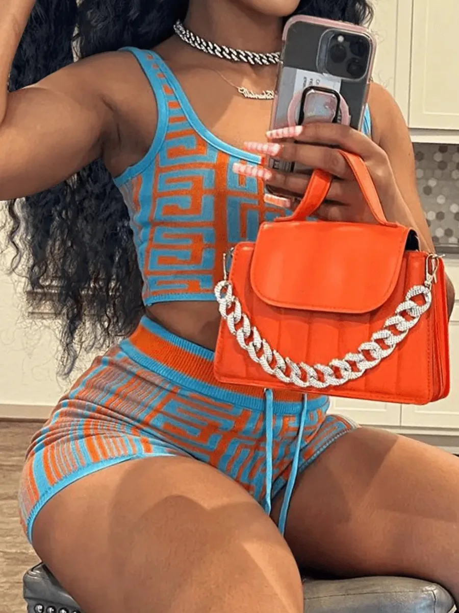 

LW Color Block Two Pieces Shorts Suits 2pcs Geometric Print U Neck Sleevelss Tank Top&Drawstring Matching Shorts