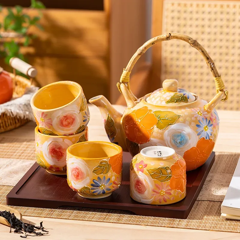 

Lifting Tea Kettle Tea Vintage Colored Tea Beam Pot Set Underglaze Teapots Ceramic Cups Household Chinese Kettle Hand-painted