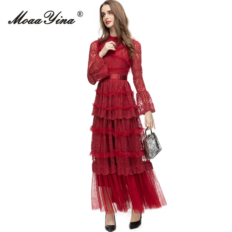 MoaaYina летнее модное дизайнерское красное винтажное вечерние платье для женщин с