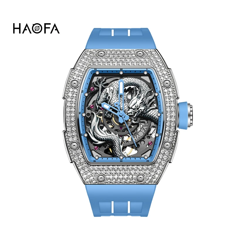Фото Автоматические часы Haofa 3D Dragon Dial для мужчин, с бриллиантовым безелем, сапфировым стеклом, водонепроницаемые, с автоподзаводом, механические, светящиеся, 1968S №4