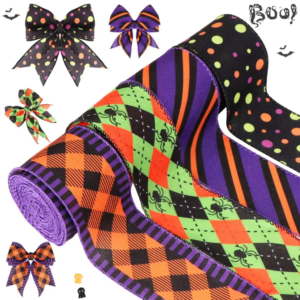 

4 Rolls Halloween Wired Edge Ribbon 2.5 Inch Bat Spider Pumpkin Printed Ribbon Witch Legs Hat Dot Grosgrain Ribbons