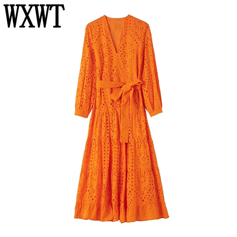 

WXWT 2022 женское однотонное ажурное платье миди с вышивкой с поясом V-образным вырезом длинным рукавом женское оранжевое элегантное платье ...