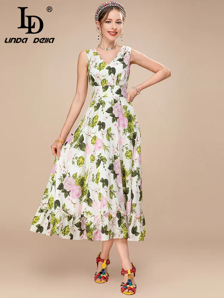 

LD LINDA DELLA 2023 Новое модное подиумное летнее платье для женщин с v-образным вырезом и цветочным принтом без рукавов элегантное праздничное вечерние платье миди
