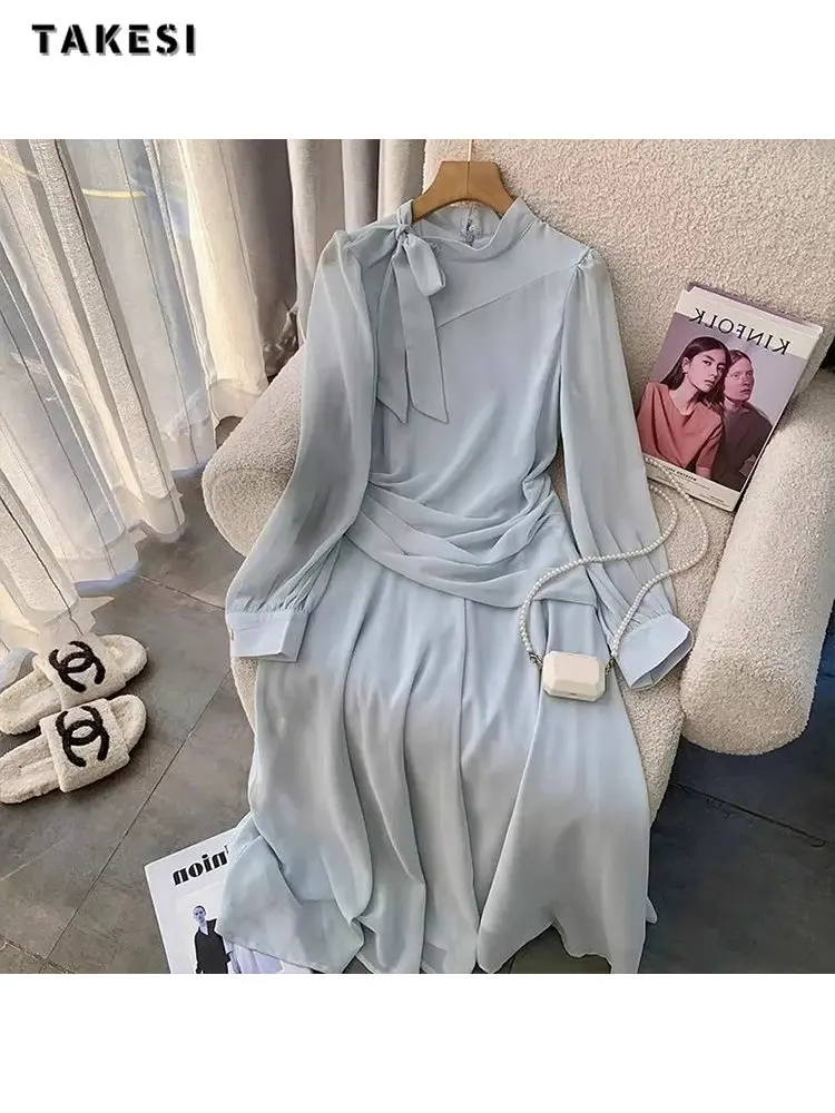 

Женское однотонное платье средней длины, элегантное свободное классическое офисное платье во французском стиле с длинным рукавом и бантом, лето 2023