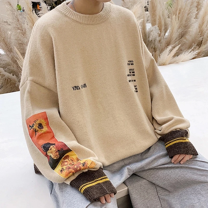 Hip Hop Men Sweater Vintage Loose Van Gogh Painting Embroidery Knitted Sweater Mens Sweaters Autumn Winter Pull Homme Roupas