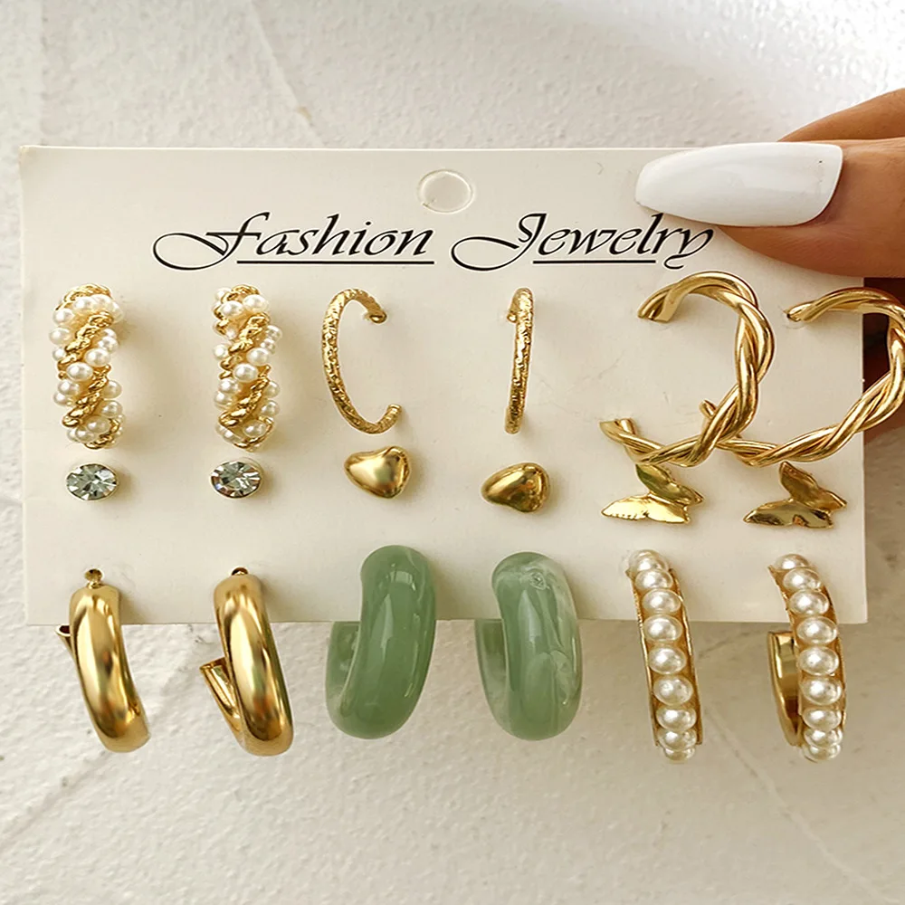 

Vintage Geometric Hoop Earrings Set for Women Statement Pearl Acrylic Metal Circle Round Earrings 2022 Trend Fashion Jewelry