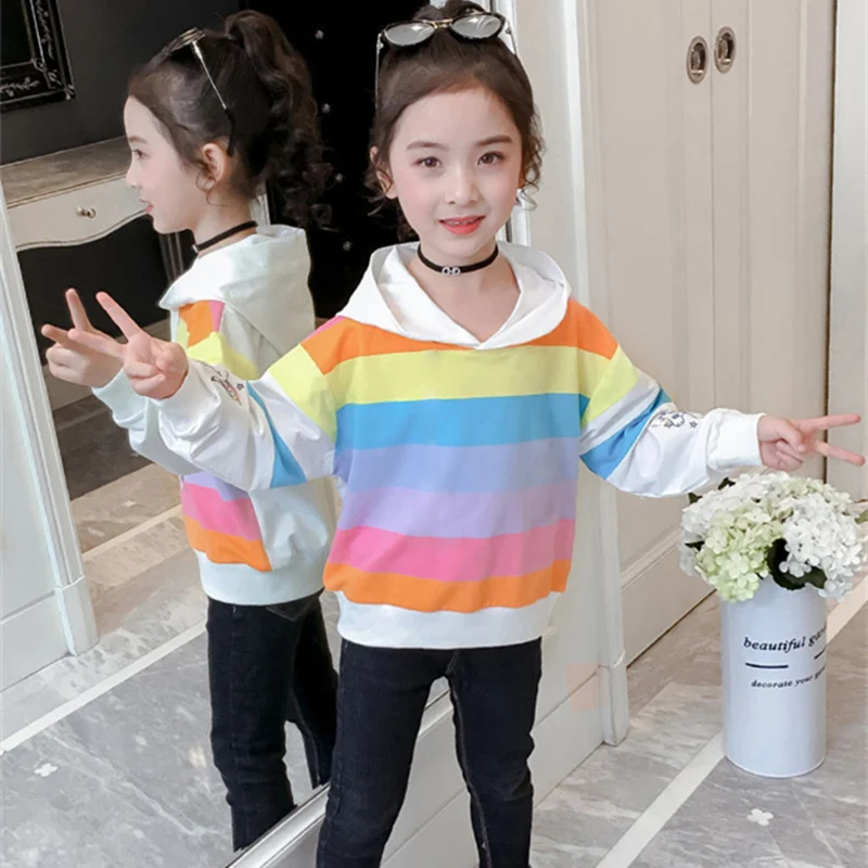Girls' Hoodies Sweatshirts Jacket 2022 Rainbow Spring Autumn Top Thicken Pullover Fleece Tops Cotton Toddler Pullover Baby's Kid
