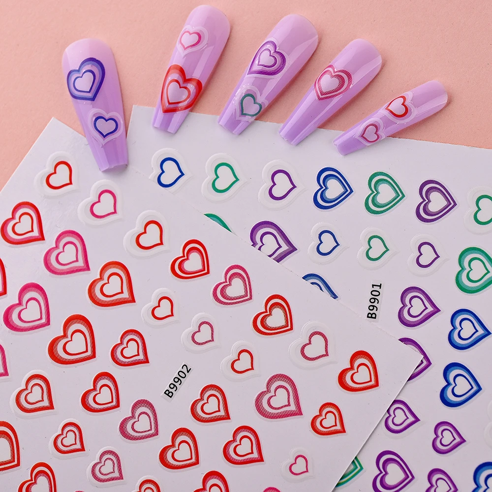 

1pc Double-deck Heart Nail Sticker Coffee Pull Flower Heart Nail Stickers Abstract Beating Heart Slider Lovers French 3D Decal