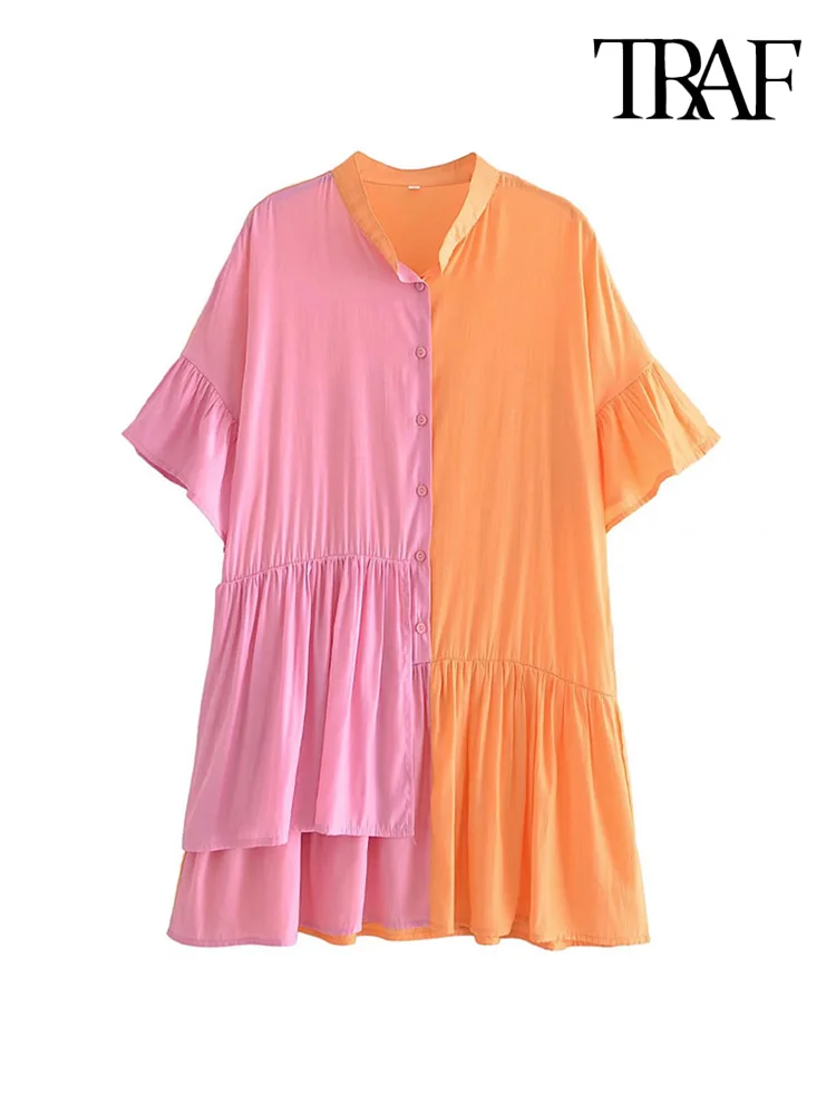 

TRAF Women Fashion With Ruffles Patchwork Loose Mini Dress Vintage Short Sleeve Front Buttons Female Dresses Vestidos Mujer