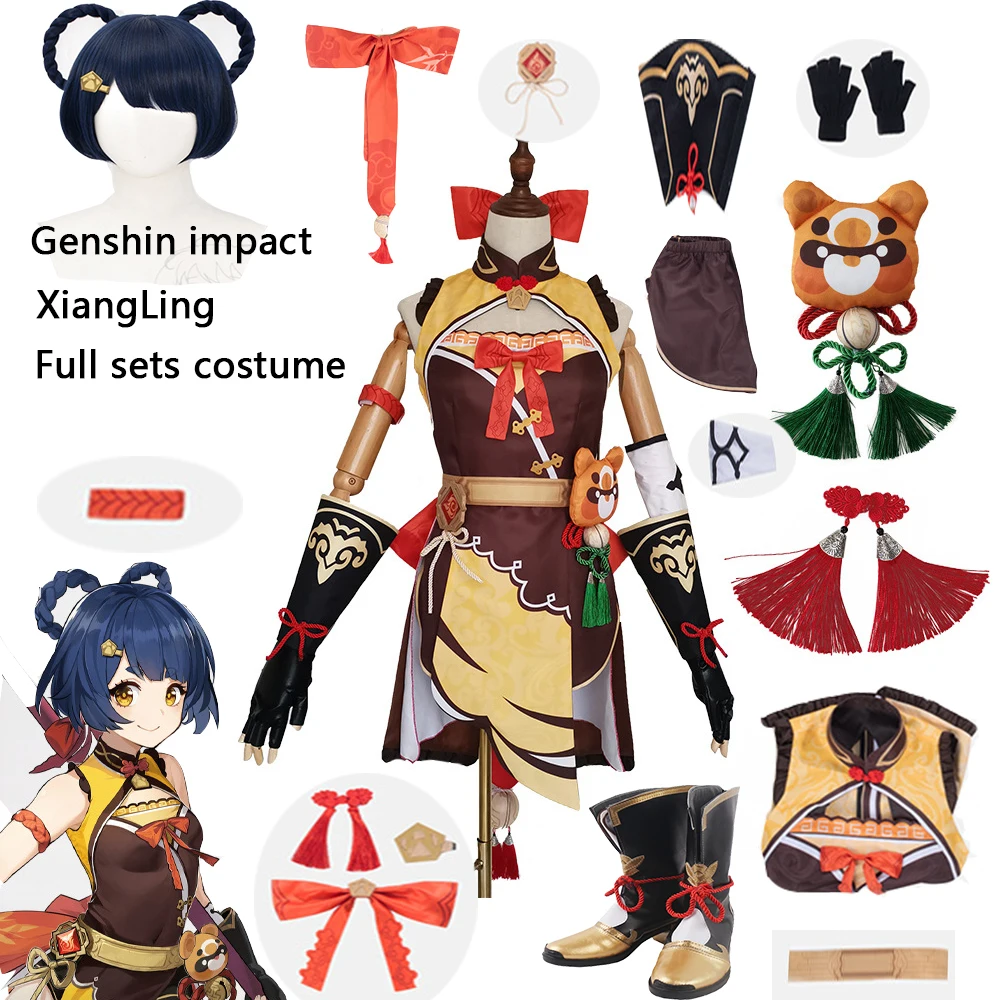 

Genshin Impact Xiangling Cosplay Costume Head Chef Outfit Halloween Party Xiang Ling Cosplay Wig Shoes Bear Anime Sexy Dress