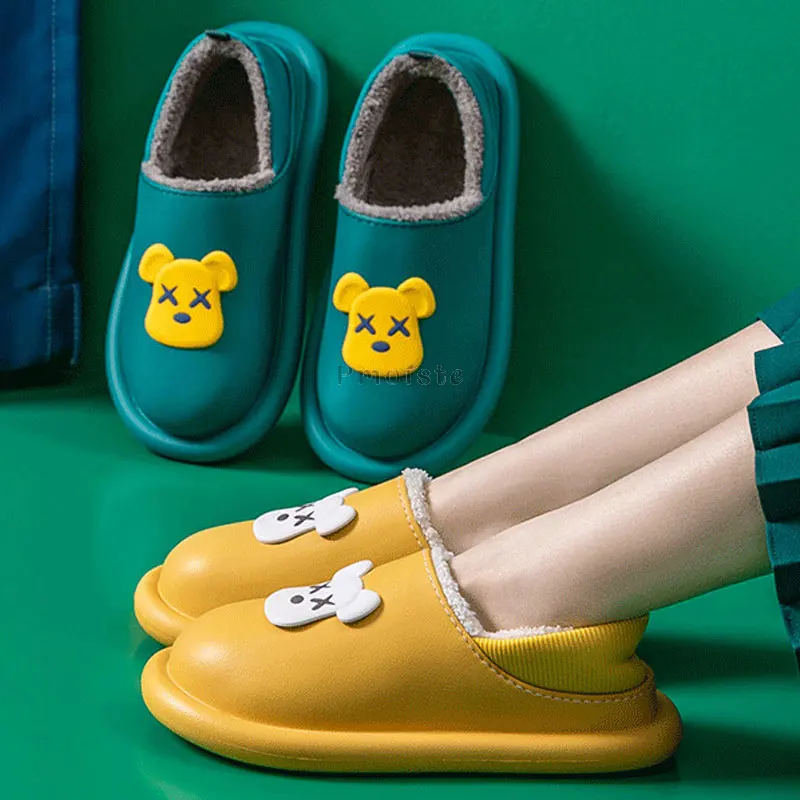 Cartoon Cute Bear Women's Floor Slippers for Home Thick Plush Female House Slipper Non-slip Waterproof Winter Indoor Slippers