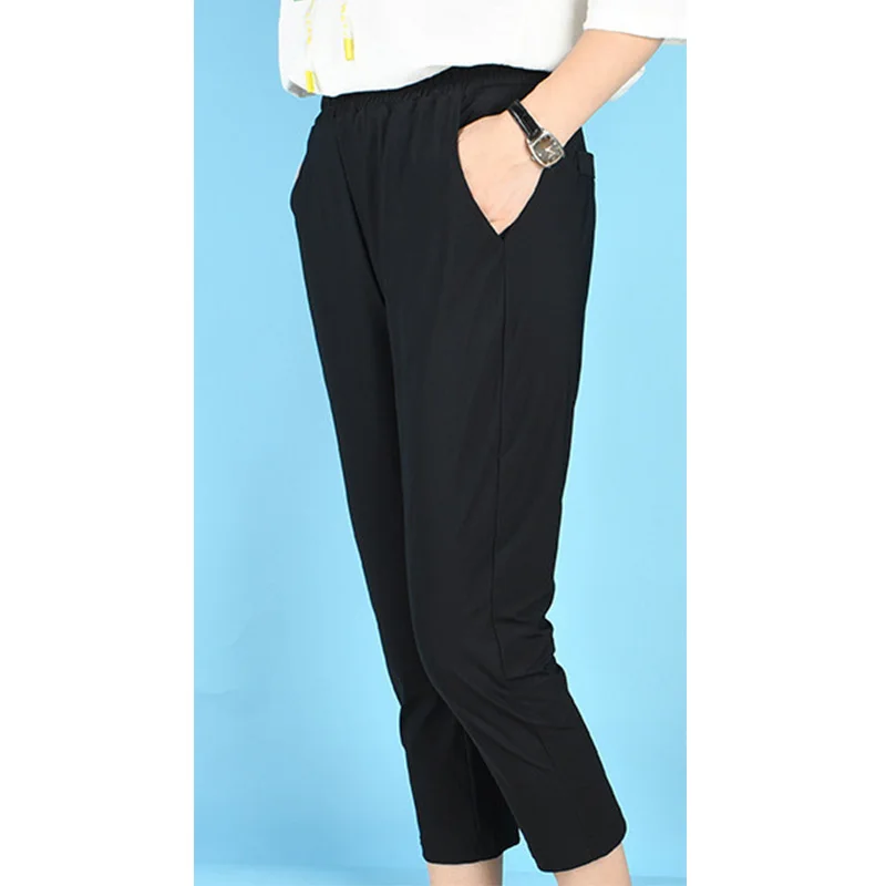 Casual Elastic Waist Black White Trousers Summer Thin Ice Floss Pockets Plus Size High Elasticity Seven Points Straight Pants