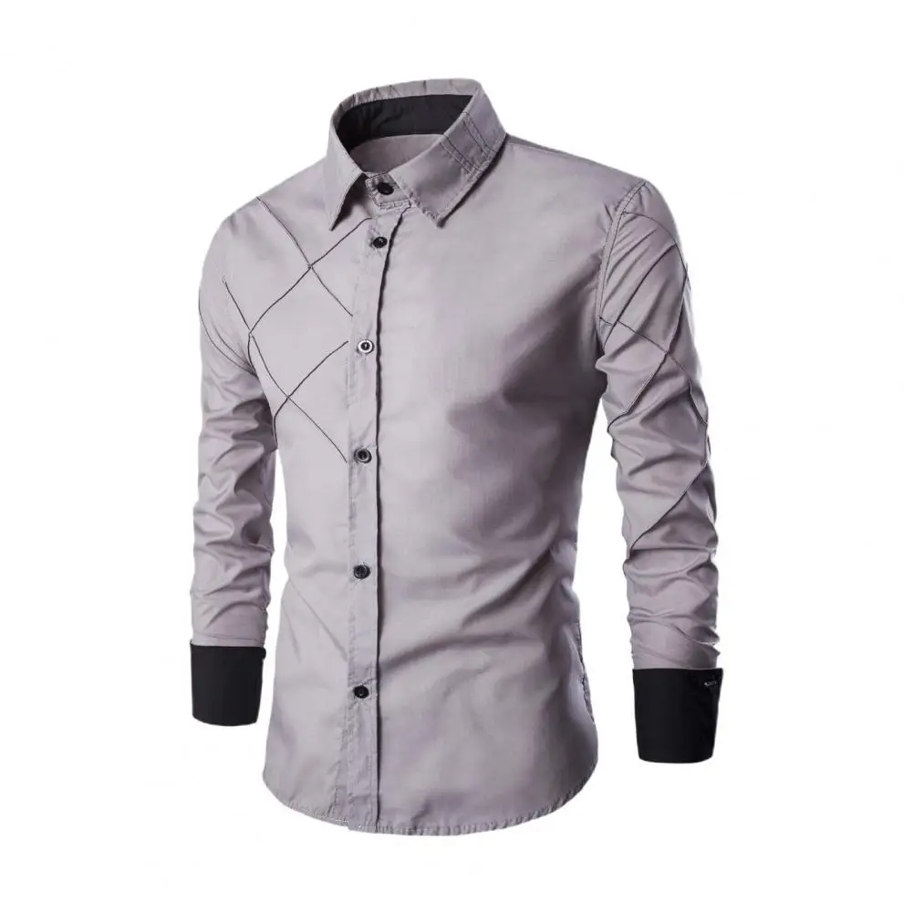 

Men Shirt Color Block Line Plaid Streetwear Slim-fitting Contrast Color Business Shirt camisa masculina ropa hombre