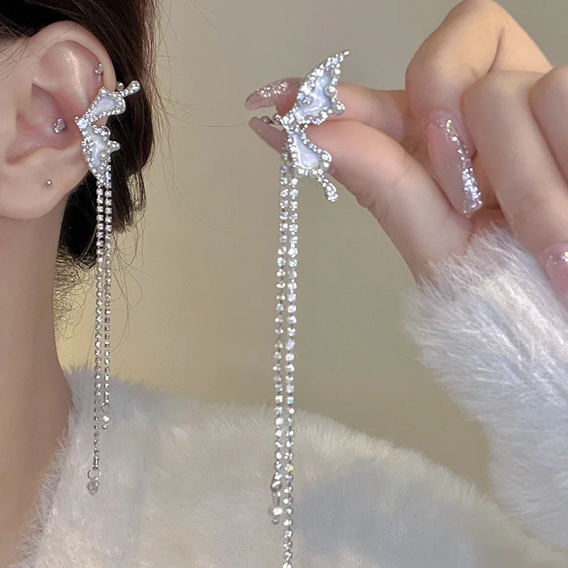 

Women's Fairy Butterfly Tassel Clip Earrings Angel Earbone Without Piercing Long Chain Ear Cuff Earring Y2K Wedding Jewelry