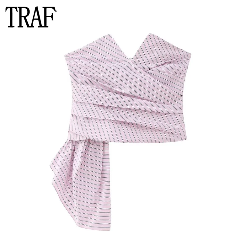 

TRAF Striped Crop Top Women Pink Asymmetric Corset Top Female Off Shoulder Ruched Tops for Women Sexy Backless Summer Tops Women