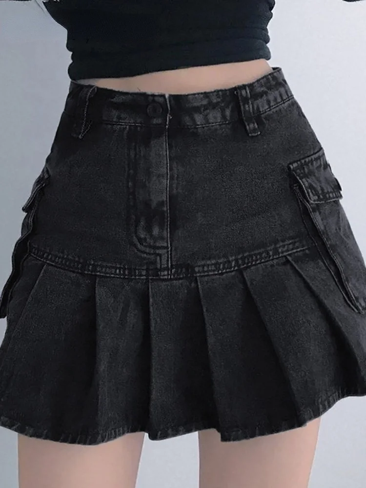 

Dinboa - Women's High Waist Denim Skirt, Pleated, Black Denim, Large Pocket, Punk and Granger Clothing, Y2k Aesthetics