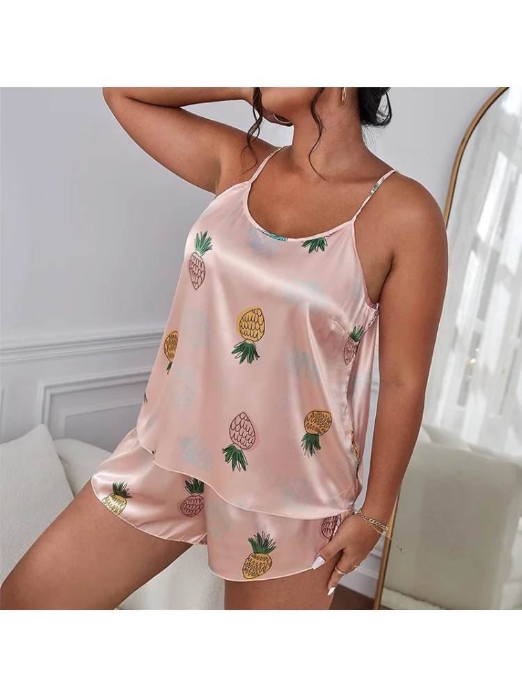 Pajamas cartoon pineapple simple suit casual comfort home suspender shorts plus size two piece sets