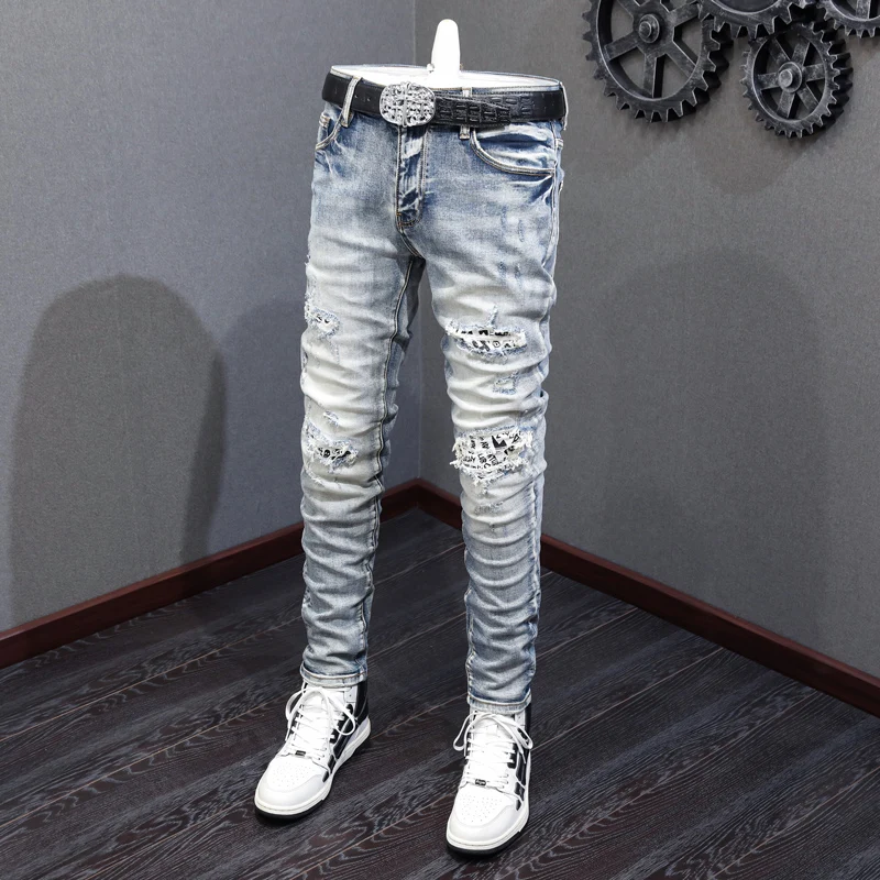 High Street Fashion Men Jeans Retro Light Gray Blue Elastic Skinny Ripped Jeans Men Patched Designer Hip Hop Brand Pants Hombre