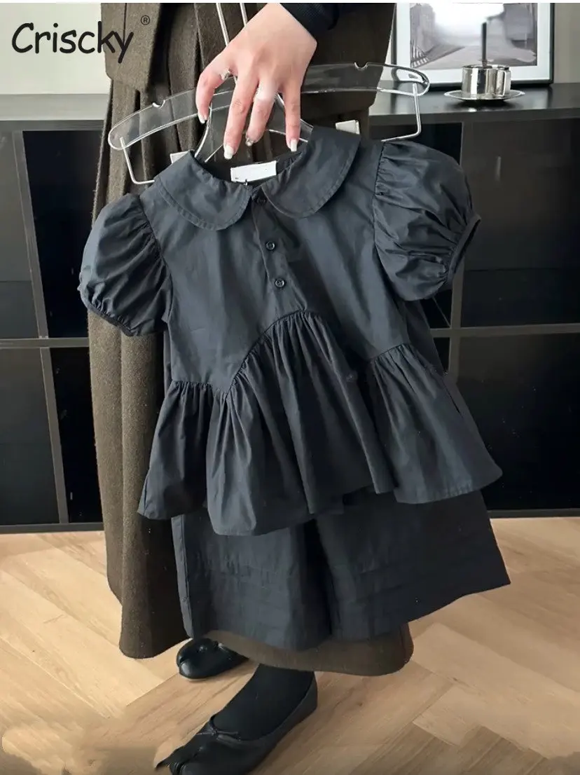 

Детский комплект для девочек на весну и лето, однотонная блузка с короткими рукавами-фонариками и лацканами + брюки, костюмы, детская одежда для малышей