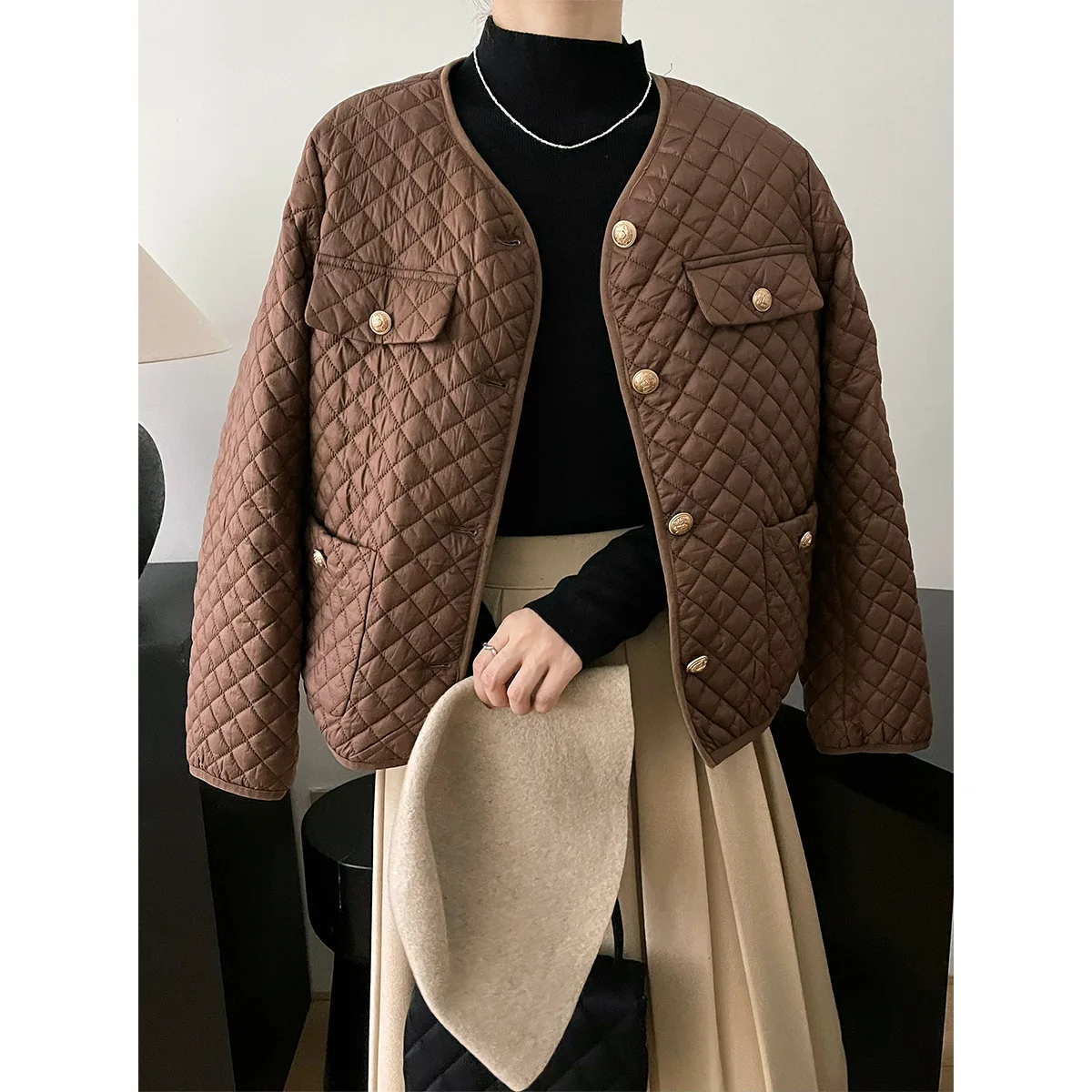 Temperament Cotton Clothing V-Neck Short Section 2022 Winter Celebrity Wind Thin Jacket Female