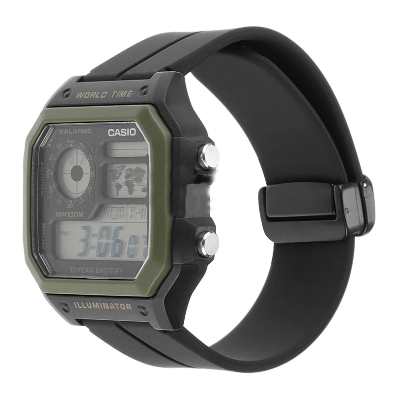 Фото Для Casio MRW-200H AE-1000W 1300 AE-1200/1500 складная пряжка магнитный силиконовый ремешок водонепроницаемая быстросъемная цепочка для часов 18 мм №3