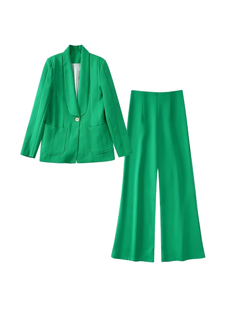 

TRAF Women Fashion Front Button Welt Pockets Elegant Blazers Vintage Long Sleeve Office Casual Female Outerwear Suit