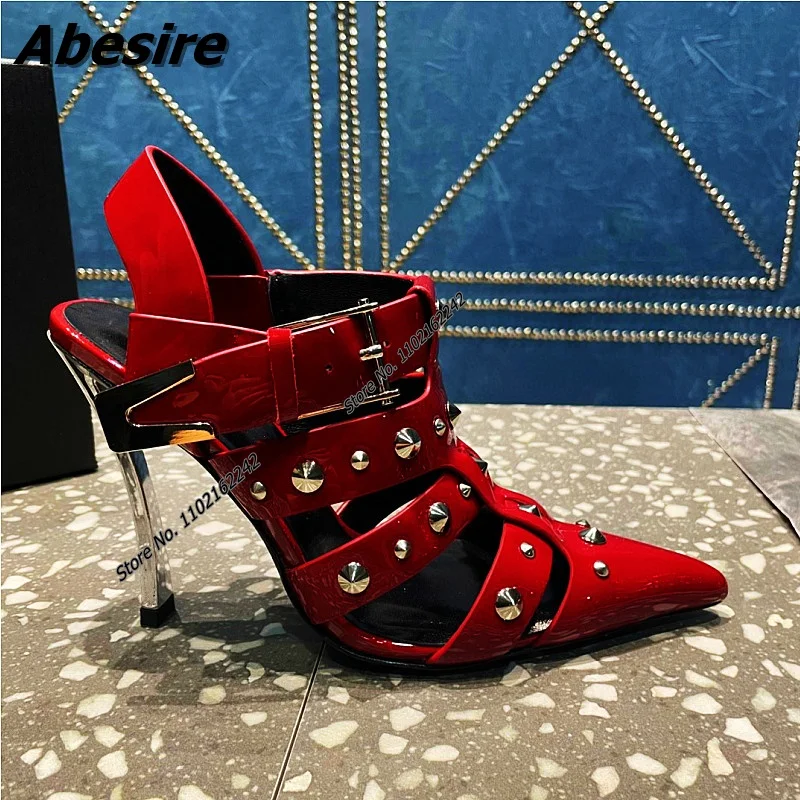 

Sexy Red Light Mouth Pumps Women Pointed Toe Heel Buckle Rivet High Heels Hollow Breathable Fashion Nightclub Women'S Shoes