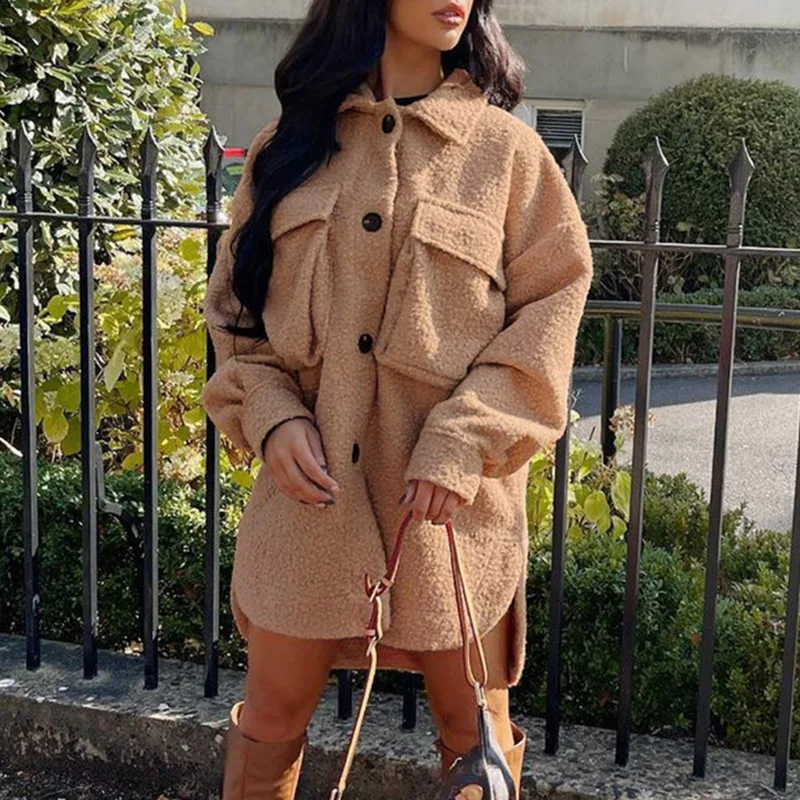 Pure Color Warm Faux Fur Pocket Lamb Wool Single-breasted Temperament Jacket Women Autumn and Winter Street Style New Jacket