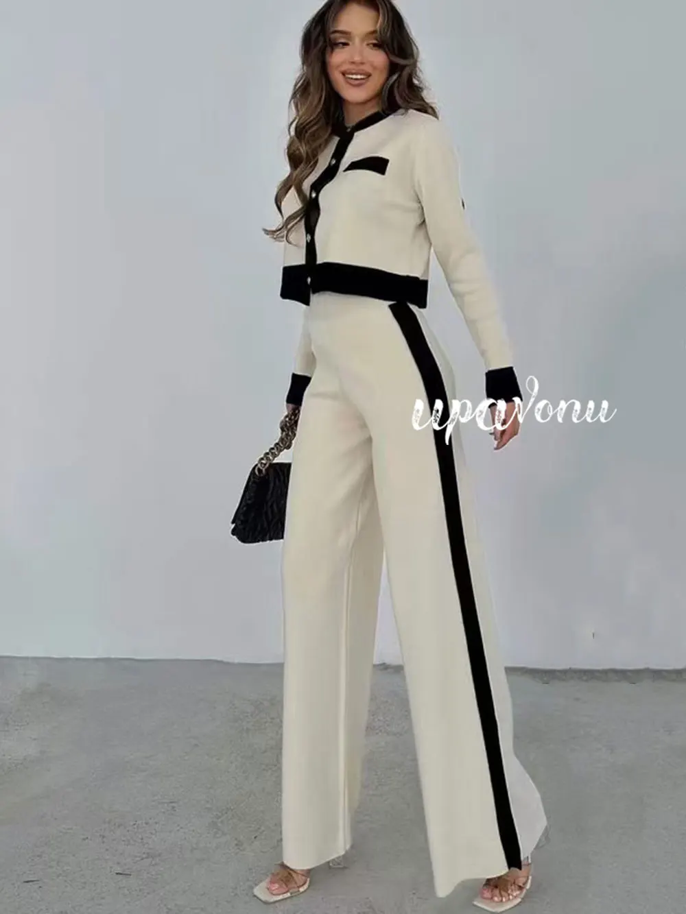 Повседневный женский комплект трикотажных брюк с длинными рукавами однобортный