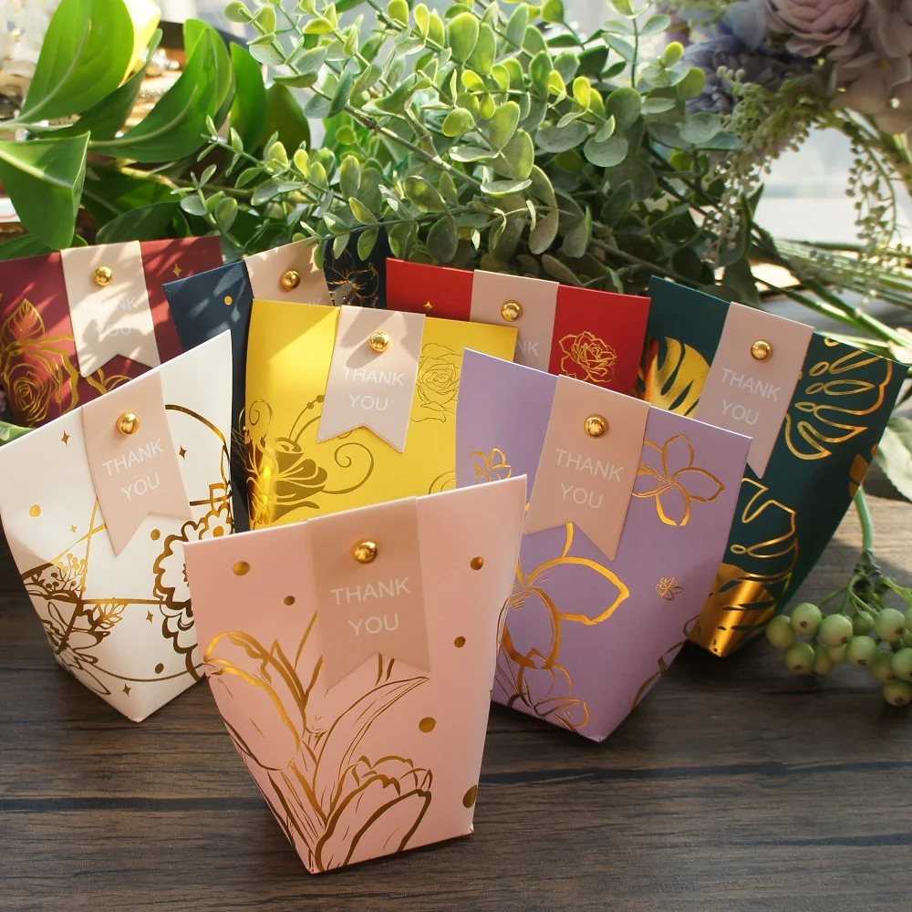

10 Pcs Gold Flower Leave Pink Blue Green Yellow Style Paper Box As Wedding Birthday Favor Box Chocolate Cookie Candy Packaging