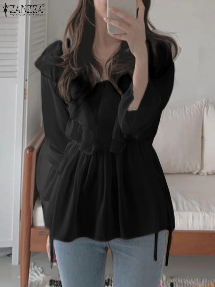 

Holiday Blusas Femininas Tops Casual Elegant Chemise 2022 ZANZEA Spring Women Blouse Long Sleeve Female Thin V-Neck Solid Color