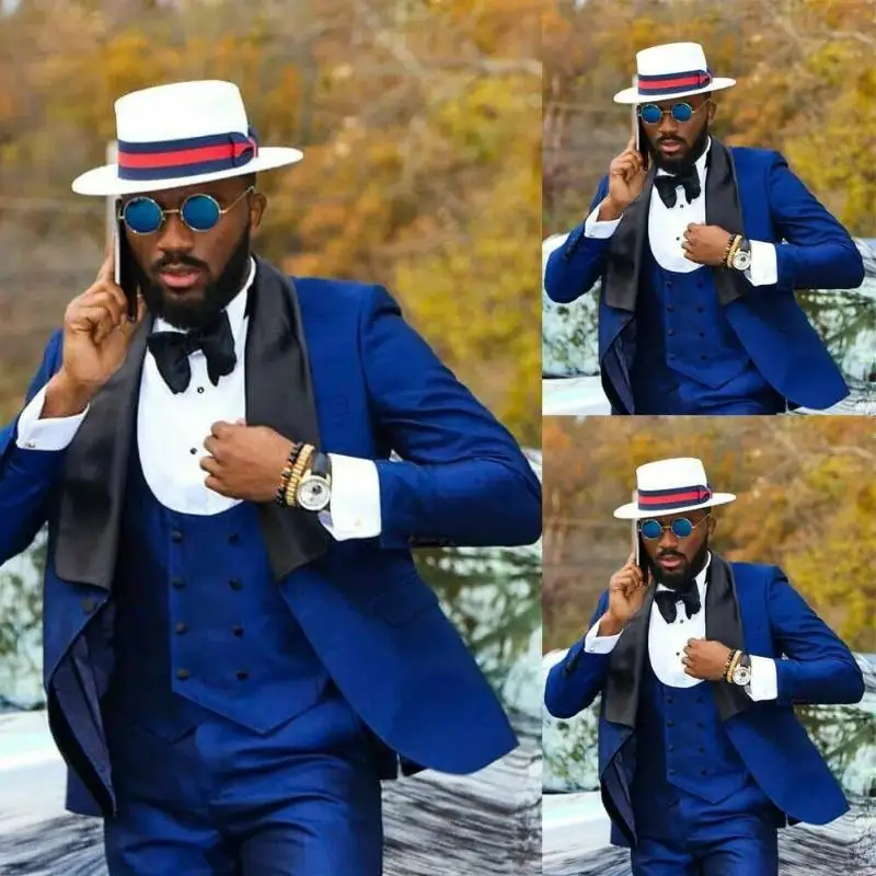 

3 Pieces Royal Blue Men Suit Slim Fit Wedding Groom Black Shawl Lapel Tuxedos Blazer Double Breasted Vest Costume Homme Marriage