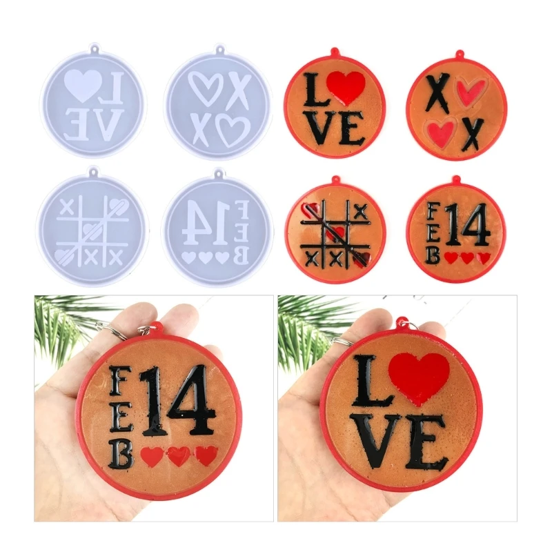 

R3MC DIY Various Symbols Round-shaped Keychain Silicone Epoxy Mold DIY Ornaments Pendant Crafting Mould for Valentine Gift