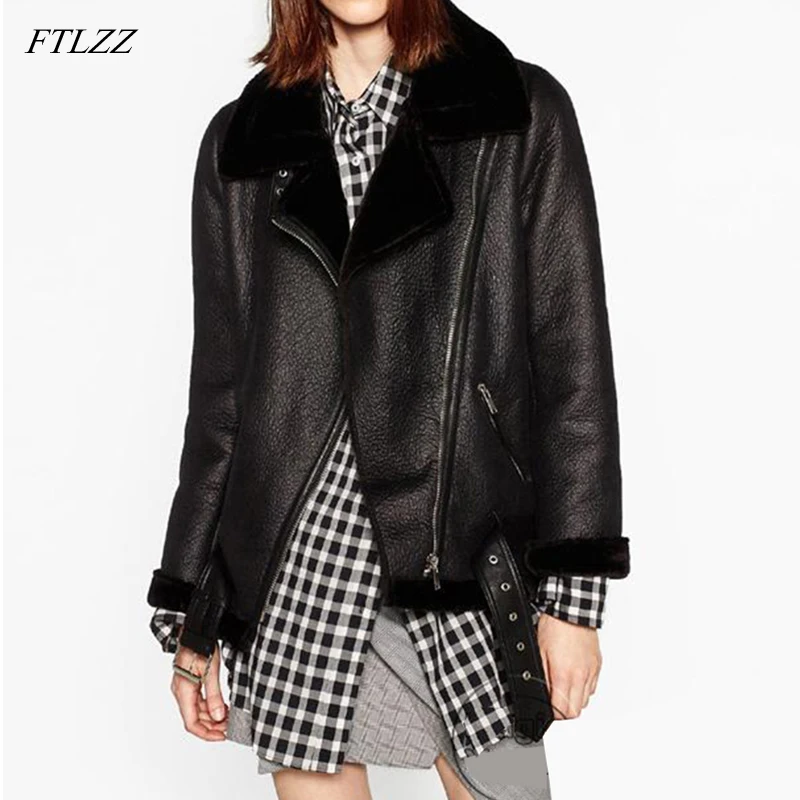FTLZZ New Winter Women Sheepskin Coats Thicken Faux Leather Fur Female Coat Fur Lining Leather Jacket Aviator Jacket