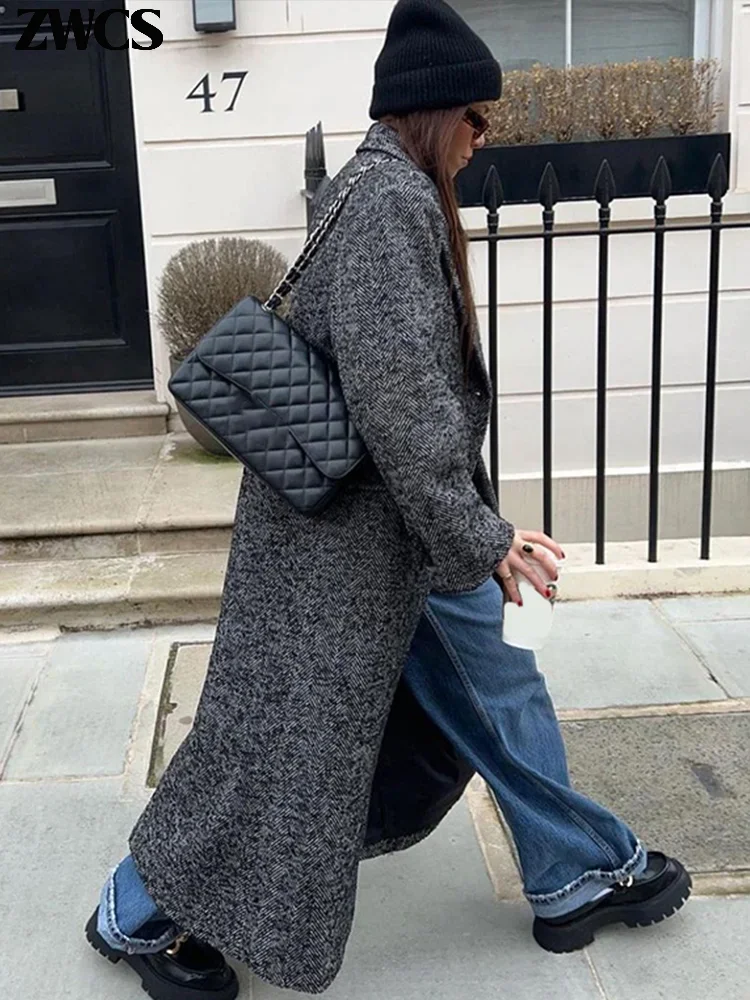 Женское однотонное шерстяное двубортное пальто с длинными рукавами