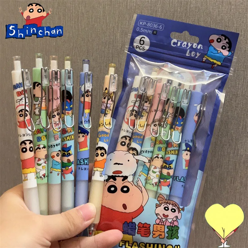 

6pcs Crayon Shin-Chan Gel Pen 0.5mm Quick Drying Kawaii Black Ink School Supplies Students Children's Writing Stationery Gift 펜