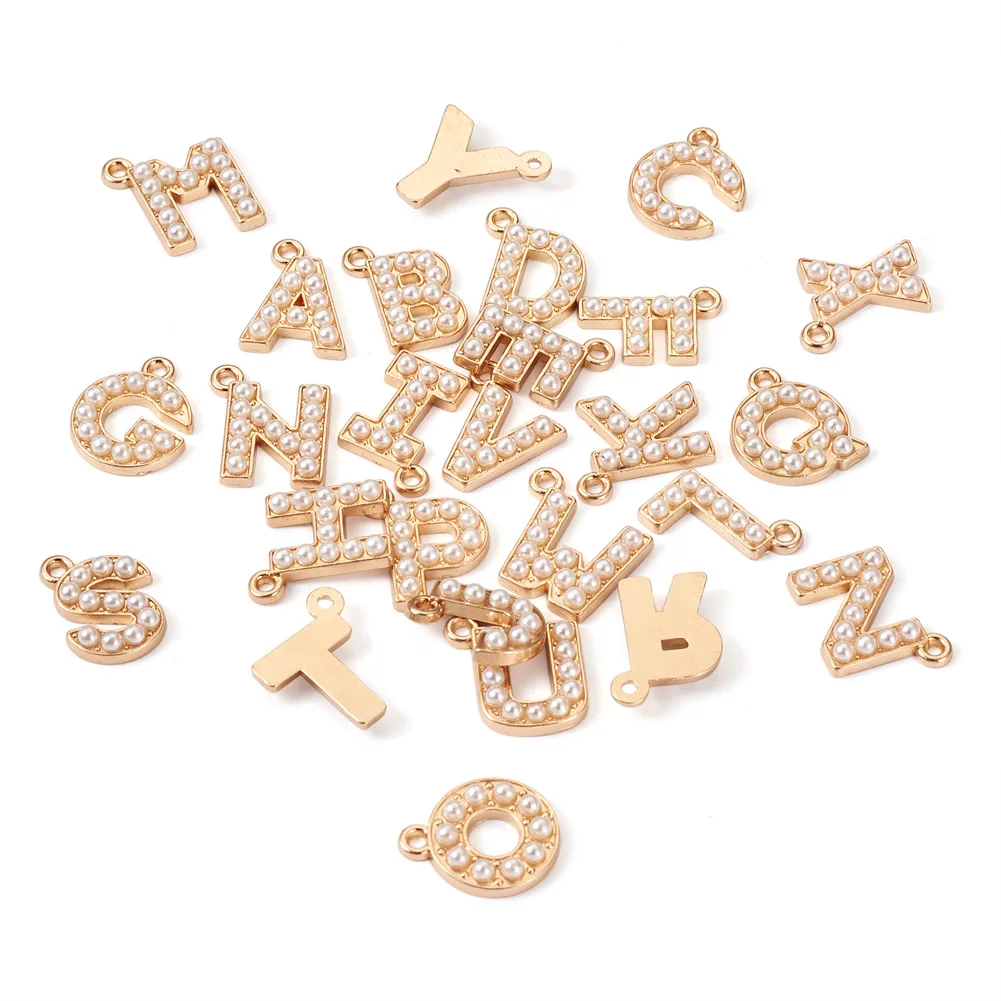 

52Pcs Zinc Alloy Pendants Light Gold Color Letter A~Z Charms with Imitation Pearl Beads for DIY Jewelry Making Necklace Bracelet