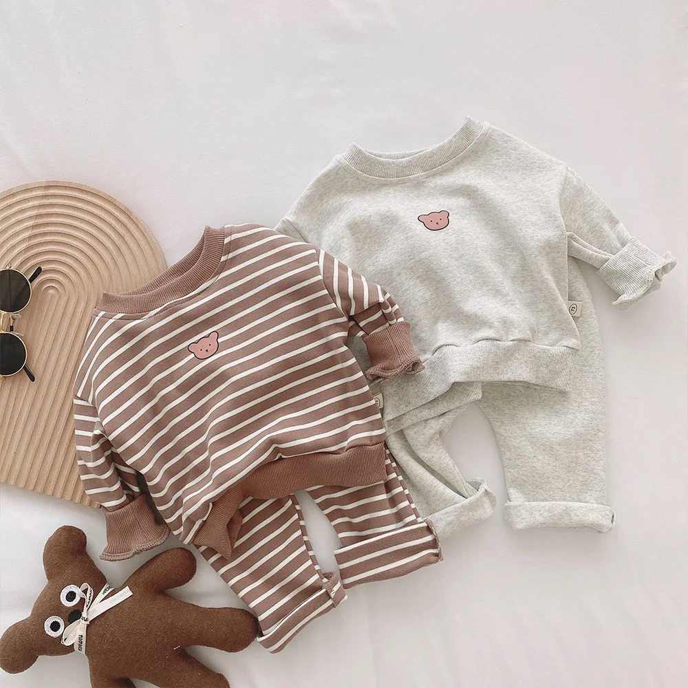 

Baby Boy Autumn Casual Set Toddler Girl Simple Striped Cute Bear Full Sleeves Sweatshirts And Soft Cotton Pants 2pc Suit
