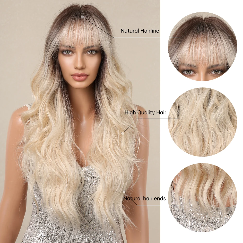 

Long Wavy Black Blonde Ombre Synthetic Wigs with Bangs Cosplay Natural Curly Hair Wig for Women Afro Heat Resistant Daily Wig