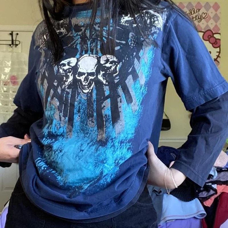 

Пуловеры hirigin Y2K в стиле Харадзюку, грандж, топы, ретро футболки с графическим принтом дракона, темная академия, готические лоскутные Футболк...