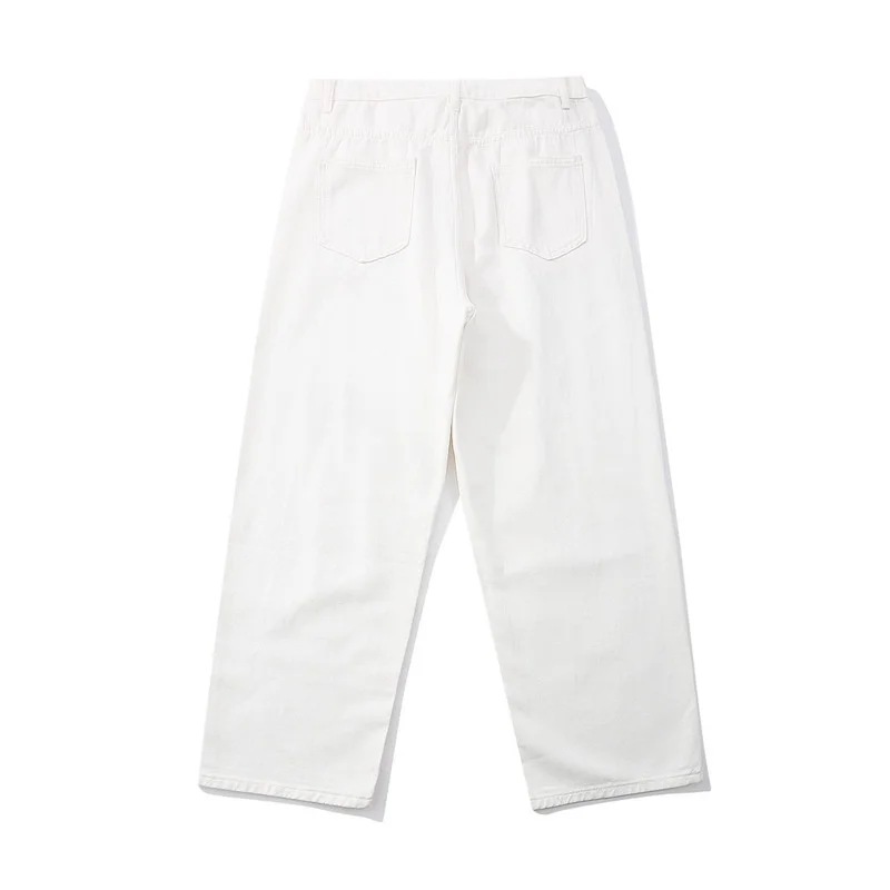 Men Jeans Streetwear Vintage Jeans Spring Solid Loose Washed Jeans Men Mid-Waist Button Denim Straight-Leg Pants Wide Leg Pants