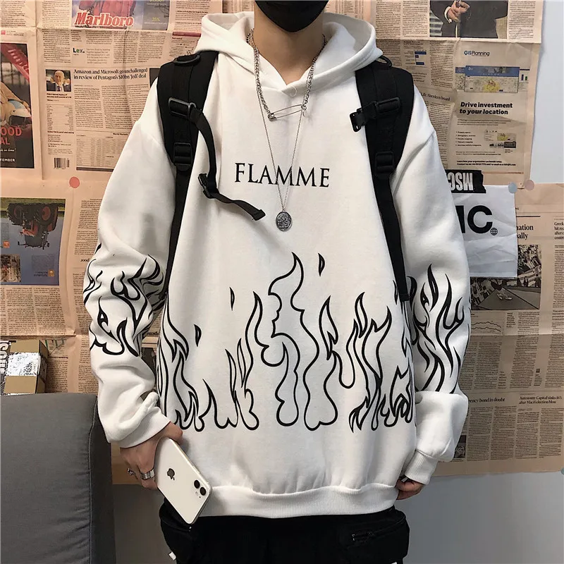 

Women Men Flame Print Pullover Sweatshirt Harajuku Loose Long Sleeve Streetwear Couple Oversized Autumn Winter Solid Hoodies
