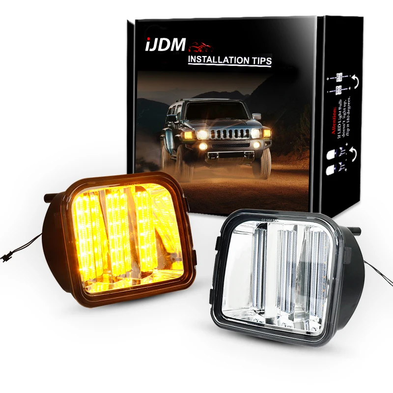 2pcs Front Bumper Sequential Amber yellow Turn Signals Lights Assembly For 2006-2010 Hummer H3 H3T Xenon White LED as DRL