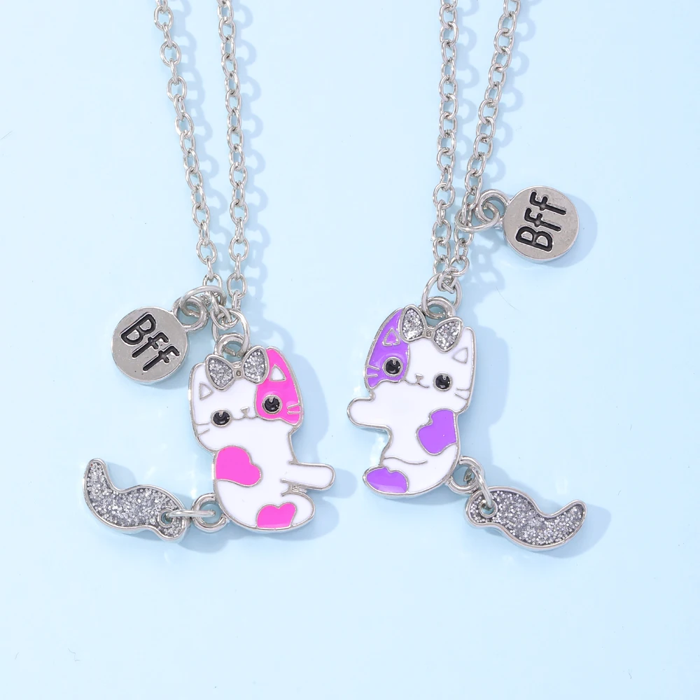 Cat Kitty Best Friends Necklace For 2 Magnetic Split Heart Pendant Set Friendship Gifts BFF Charm Matching For Girls