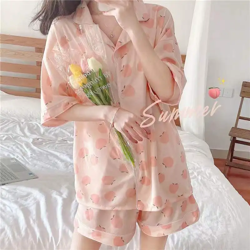 Summer Knitted Cotton Cartoon Pajamas Sets Women Pyjamas Sleepwear Nightwear Pijama Mujer Plus Size Calf-Length Pants Homewear