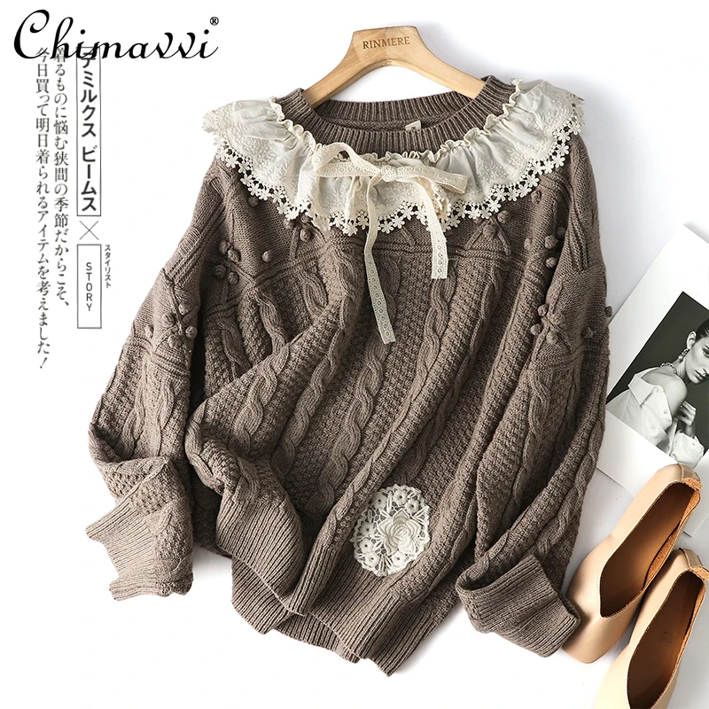 Японский новый осенне-зимний шерстяной пуловер смешанный витой цветок лотос