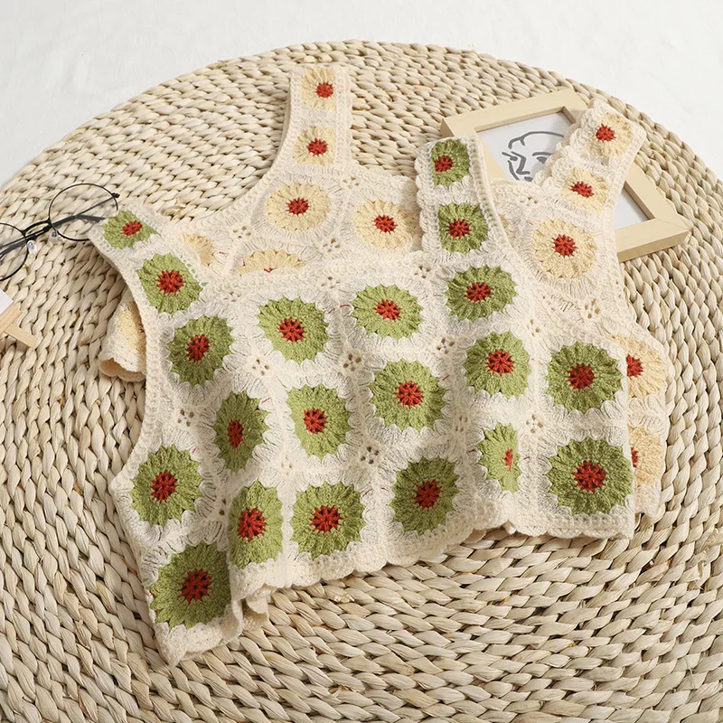 

Женская трикотажная кофта в стиле ретро, милая шикарная кофта с цветочным принтом, вязаный крючком жилет с вышивкой, женские майки с цветами...